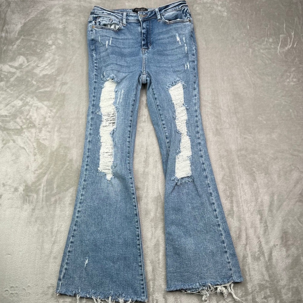 Judy Blue Flare Fit Jeans Womens 9/29 Blue Distressed Stretch Raw Hem Denim